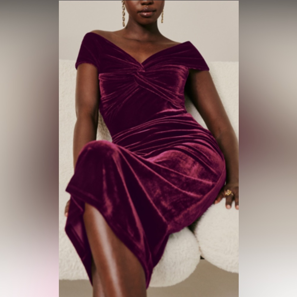 Reformation Toulon Off-Shoulder Velvet Midi Dress in Deep Burgundy